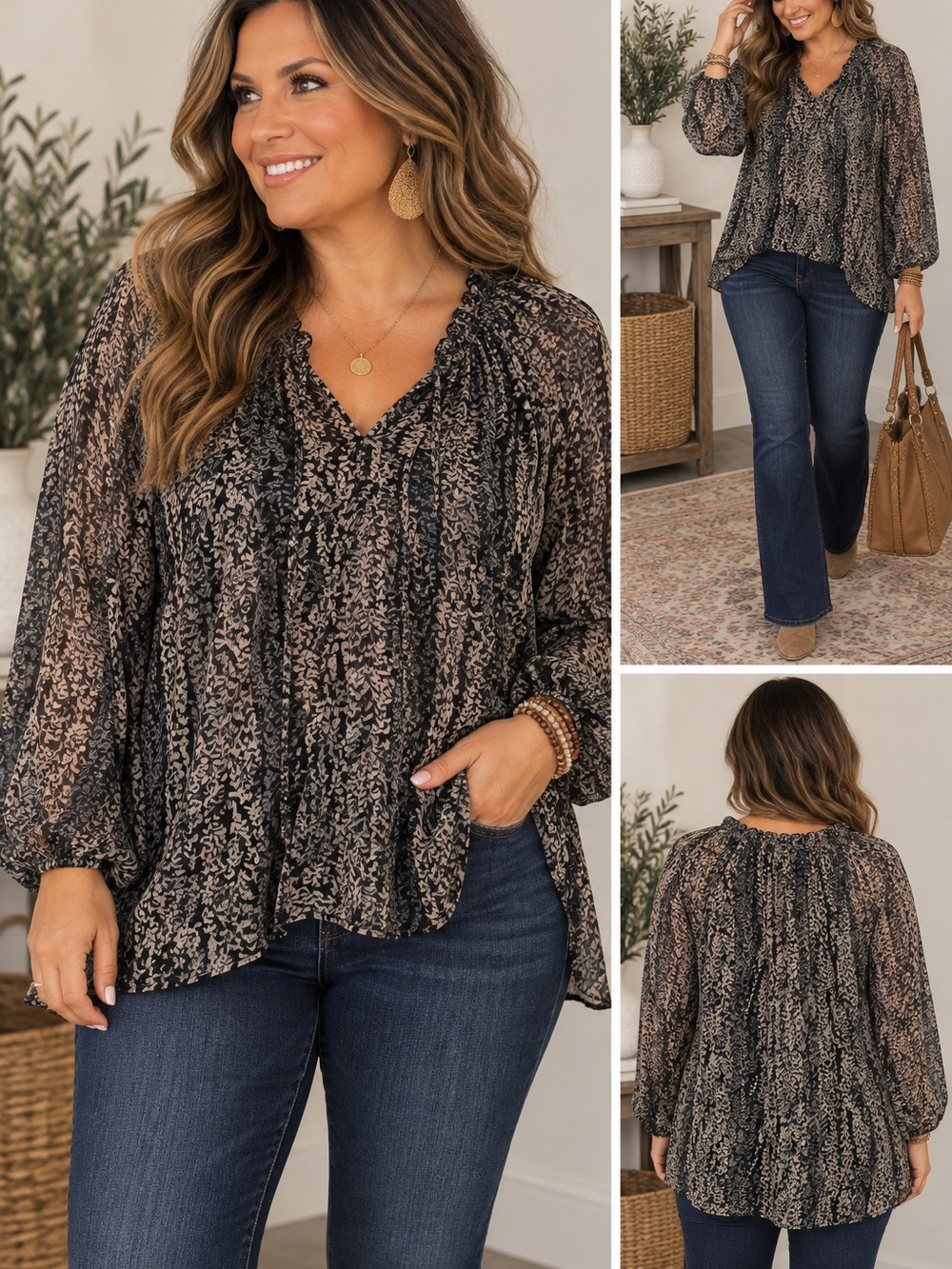 Hayden Black and Cream Printed V-Neck Peasant Tunic